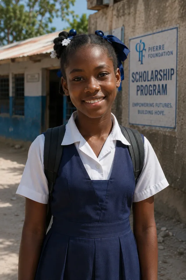 A student in school uniform wearing a backpack outside her school in Haiti